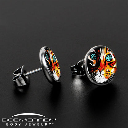 Colorful Trippy Cat Stud Earrings by Onyx O - - EARRINGS Stud