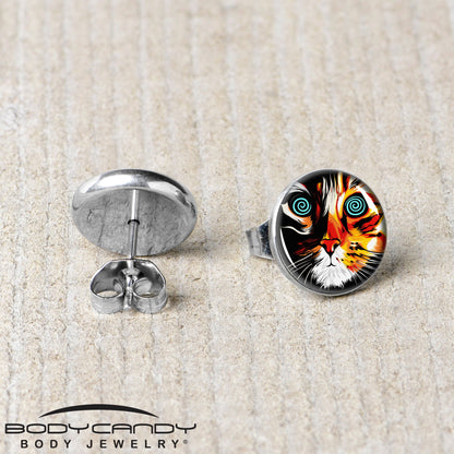 Colorful Trippy Cat Stud Earrings by Onyx O - - EARRINGS Stud