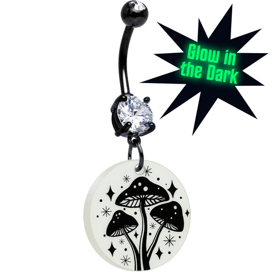 Black Double Gem Glow in the Dark Mystic Mushroom Dangle Belly Ring by Onyx O - - BELLY RING Dangle