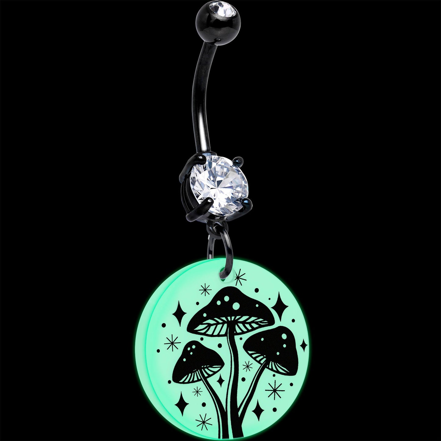 Black Double Gem Glow in the Dark Mystic Mushroom Dangle Belly Ring by Onyx O - - BELLY RING Dangle