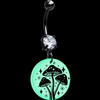 Black Double Gem Glow in the Dark Mystic Mushroom Dangle Belly Ring by Onyx O - - BELLY RING Dangle