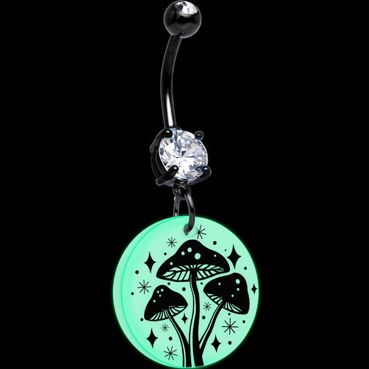 Black Double Gem Glow in the Dark Mystic Mushroom Dangle Belly Ring by Onyx O - - BELLY RING Dangle