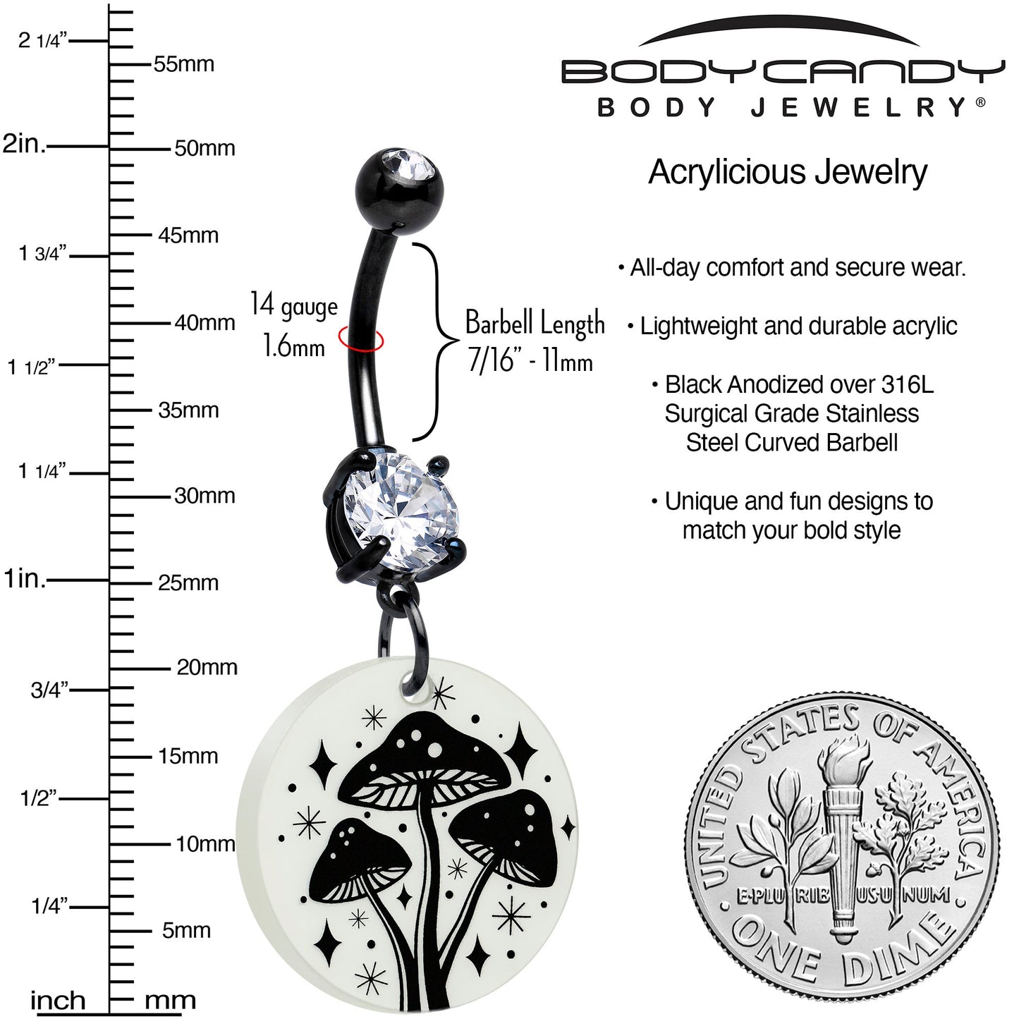 Black Double Gem Glow in the Dark Mystic Mushroom Dangle Belly Ring by Onyx O - - BELLY RING Dangle