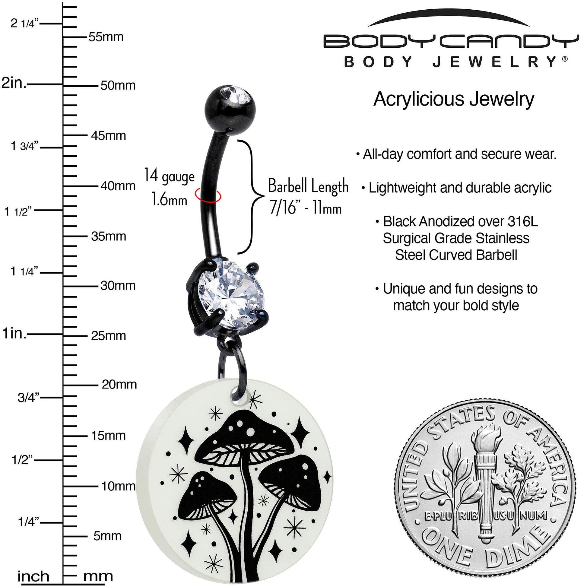 Black Double Gem Glow in the Dark Mystic Mushroom Dangle Belly Ring by Onyx O - - BELLY RING Dangle