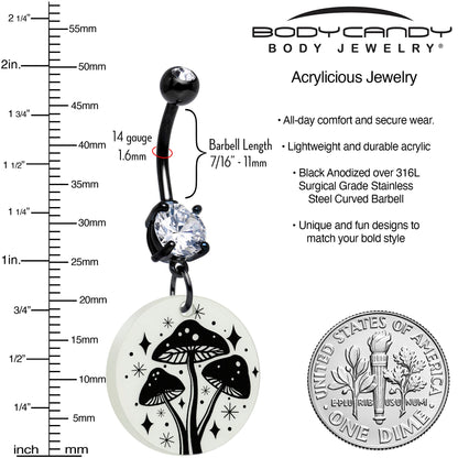 Black Double Gem Glow in the Dark Mystic Mushroom Dangle Belly Ring by Onyx O - - BELLY RING Dangle