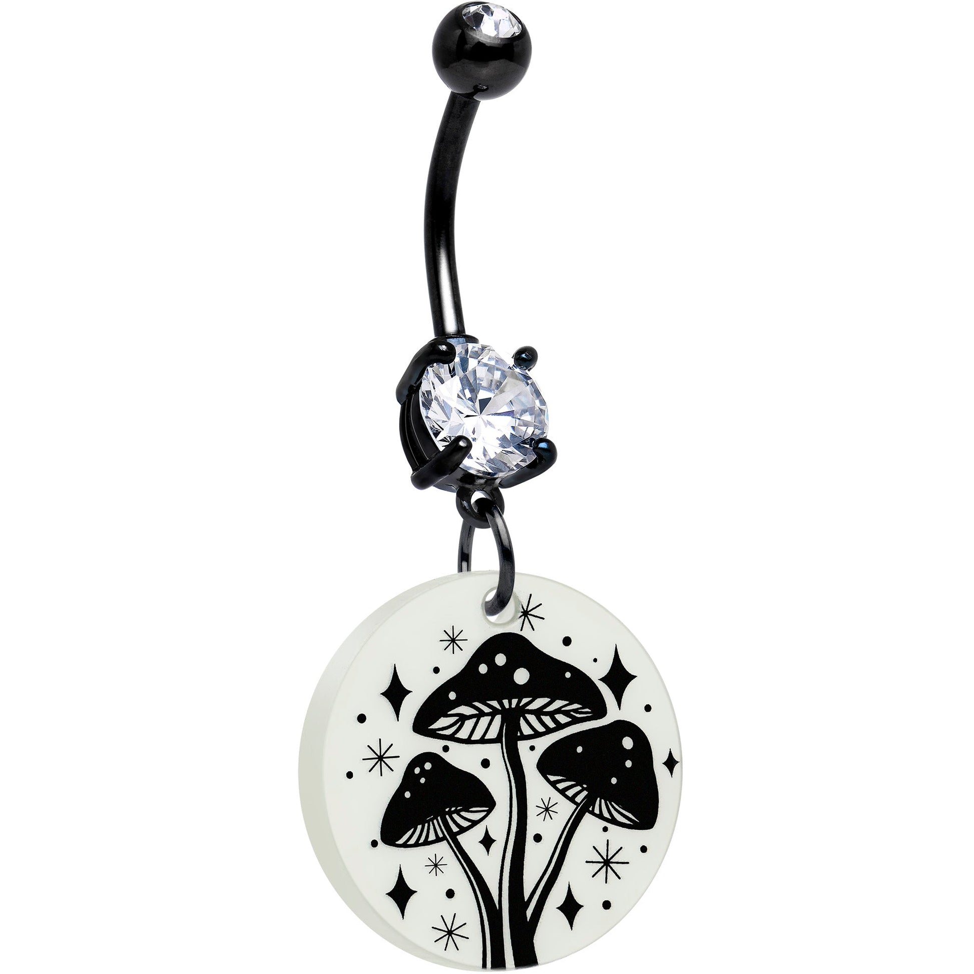 Black Double Gem Glow in the Dark Mystic Mushroom Dangle Belly Ring by Onyx O - - BELLY RING Dangle