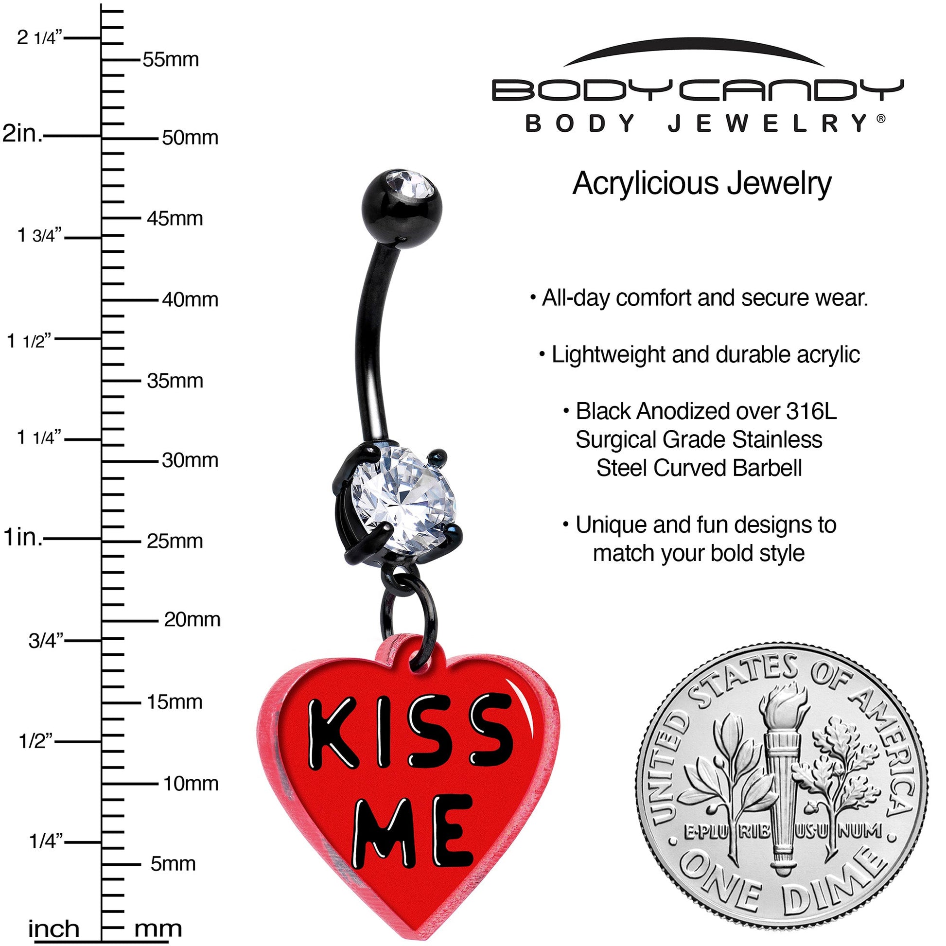 Black Double Gem Kiss Me Heart Dangle Belly Ring by Onyx O - - BELLY RING Dangle