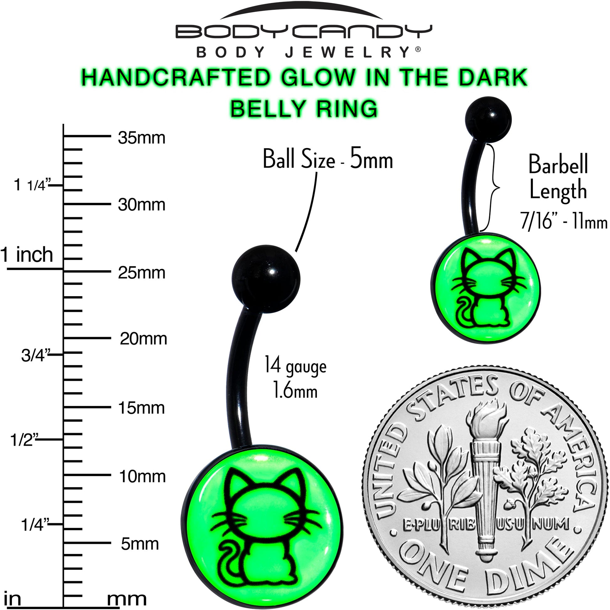 Black Anodized Glow in the Dark Kitty Cat Belly Ring by Onyx O - - BELLY RING