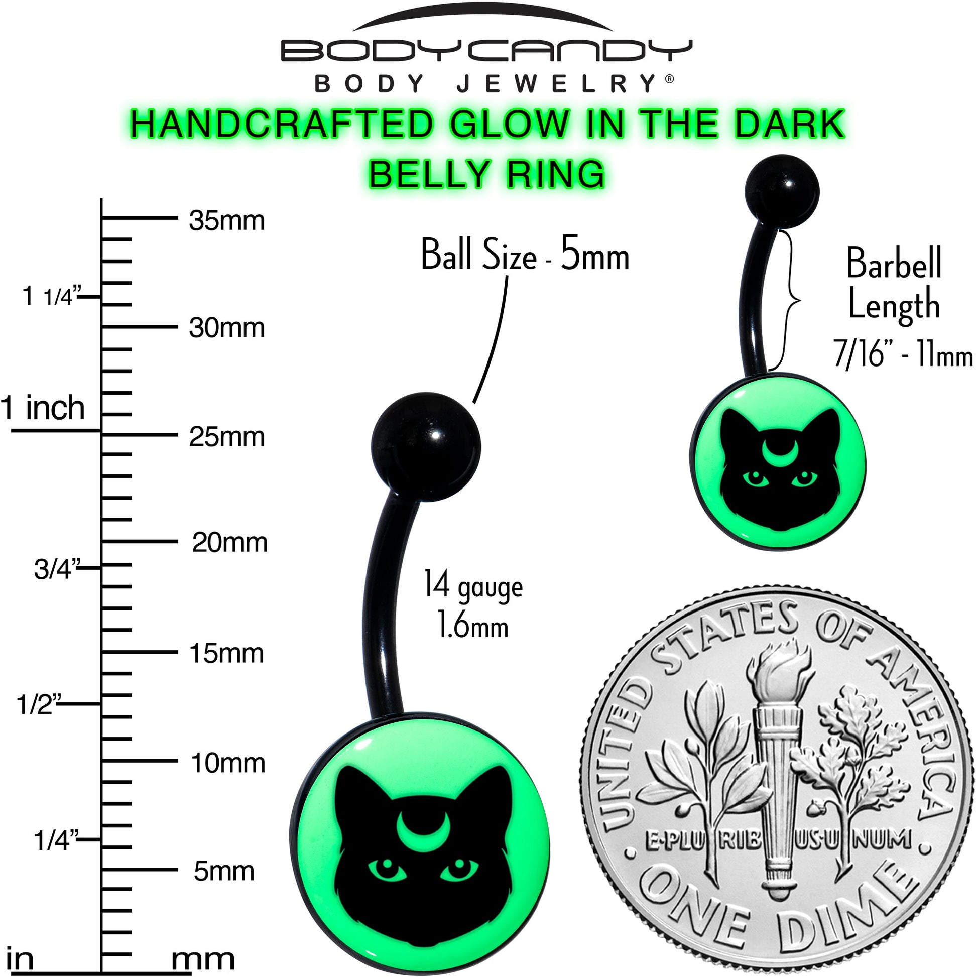 Glow in the Dark Mystic Kitty Cat Belly Ring by Onyx O - - BELLY RING