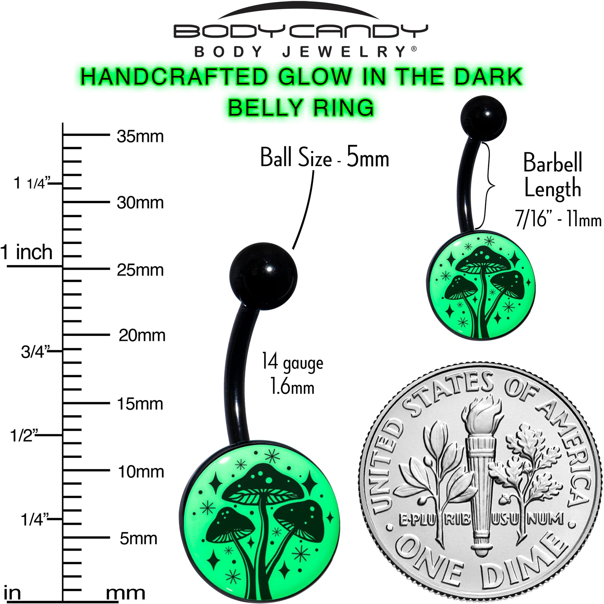 Glow in the Dark Mystic Mushroom Belly Ring by Onyx O - - BELLY RING