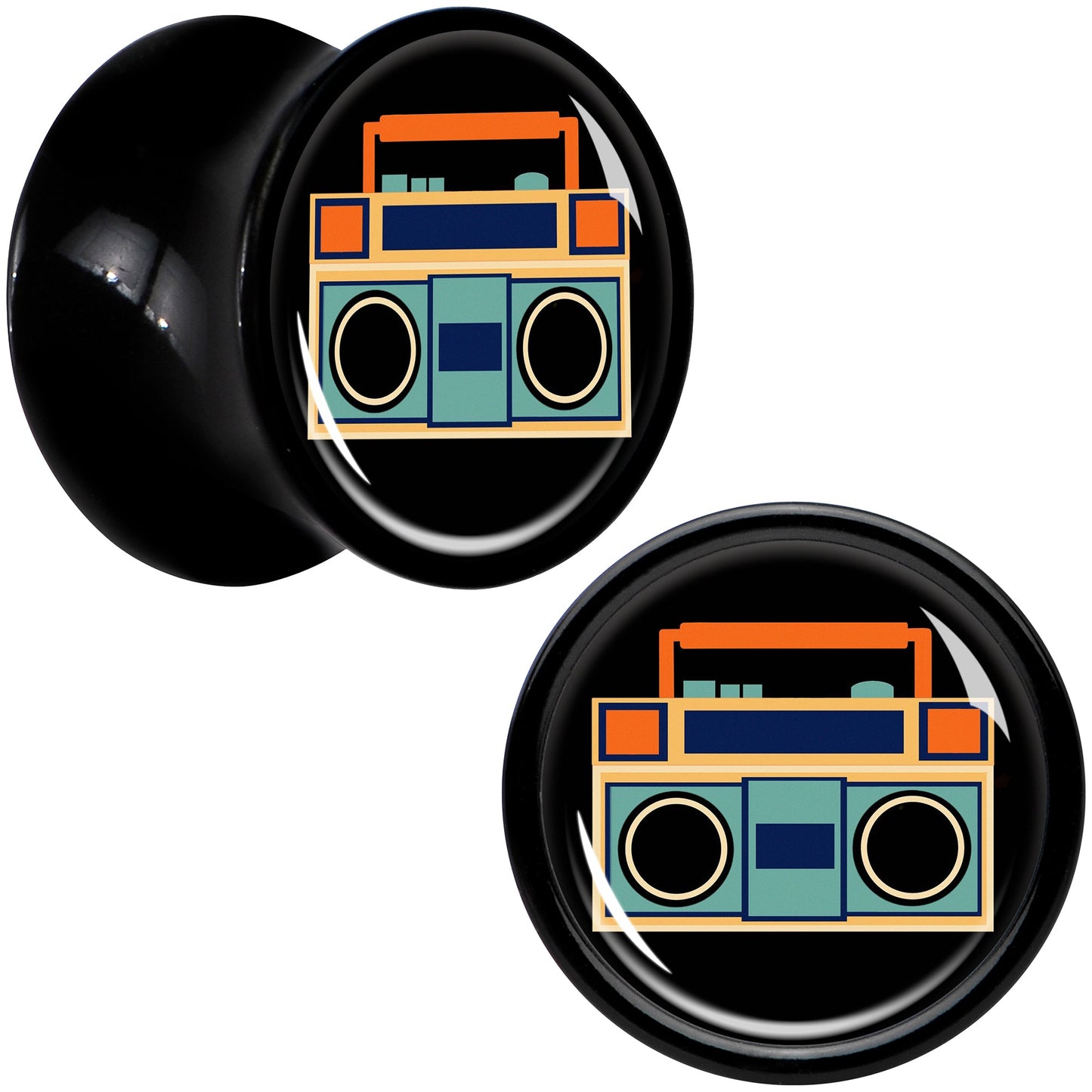 Black Acrylic Retro Boombox Double Flare Plug Set by Onyx O - 10mm (00 Gauge) - PLUG Double Flare