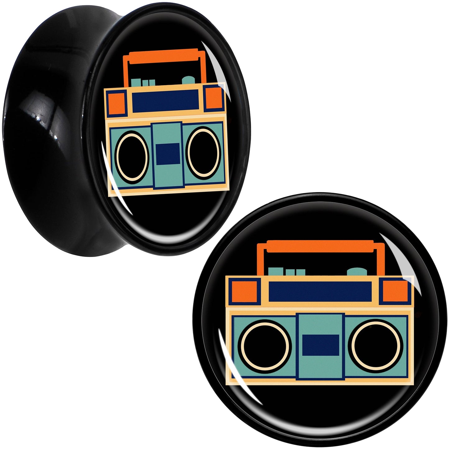 Black Acrylic Retro Boombox Double Flare Plug Set by Onyx O - 18mm (0.709") - PLUG Double Flare
