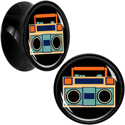 Black Acrylic Retro Boombox Double Flare Plug Set by Onyx O - 18mm (0.709") - PLUG Double Flare