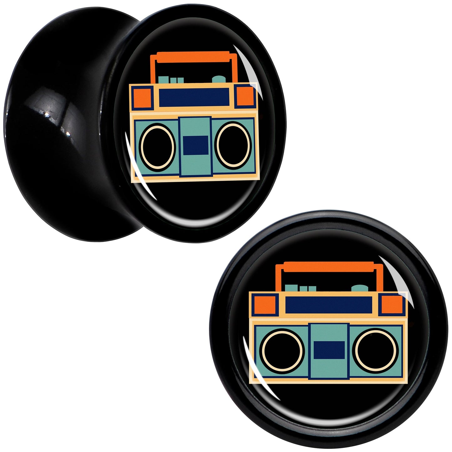 Black Acrylic Retro Boombox Double Flare Plug Set by Onyx O - 8mm (0 Gauge) - PLUG Double Flare