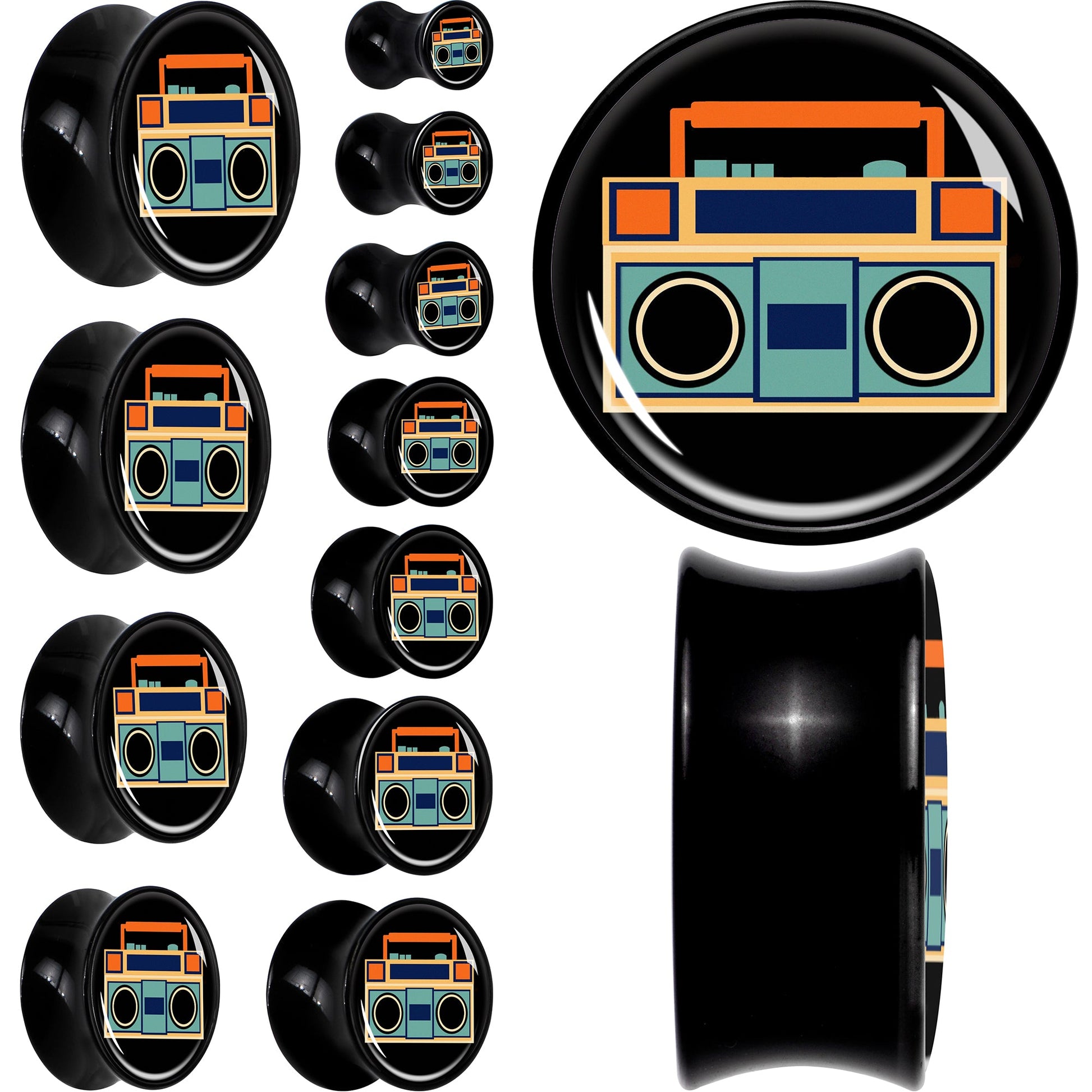 Black Acrylic Retro Boombox Double Flare Plug Set by Onyx O - - PLUG Double Flare