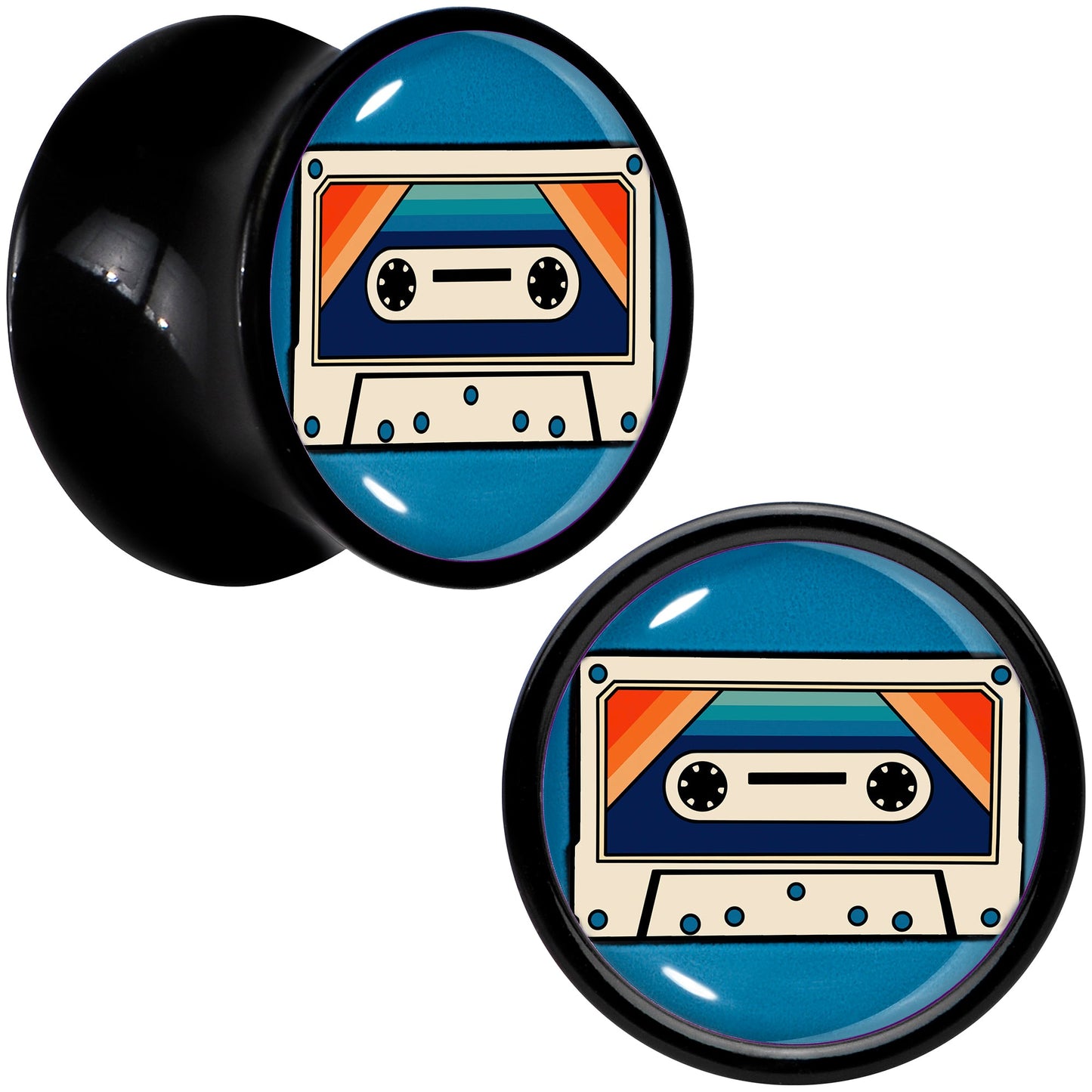 Black Acrylic Retro Cassette Double Flare Plug Set by Onyx O - 10mm (00 Gauge) - PLUG Double Flare