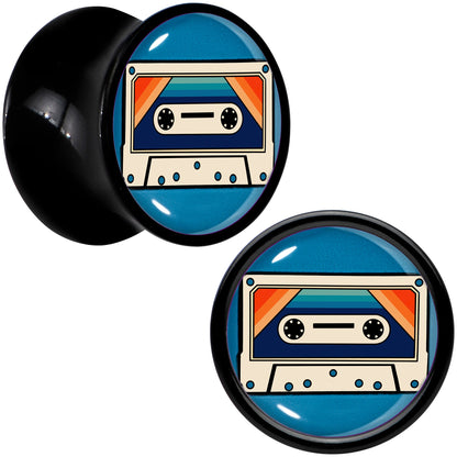 Black Acrylic Retro Cassette Double Flare Plug Set by Onyx O - 10mm (00 Gauge) - PLUG Double Flare