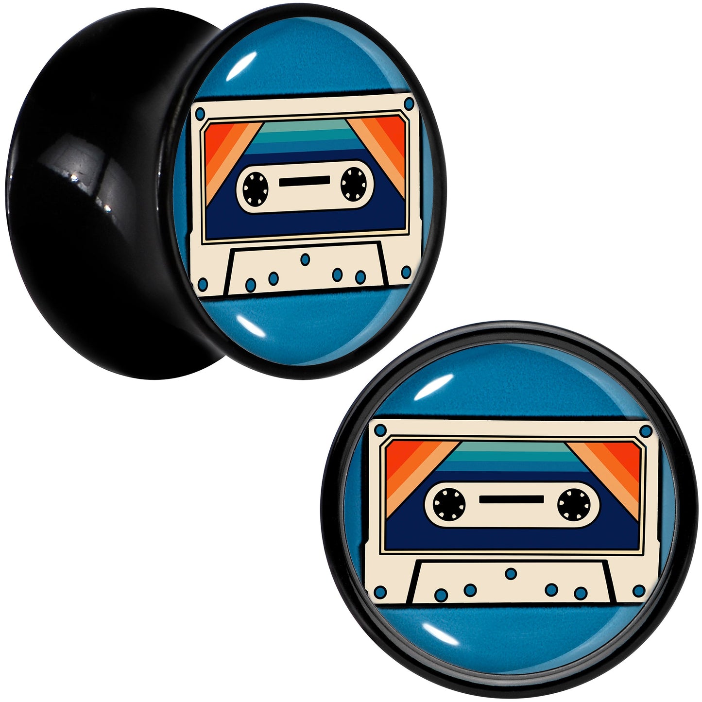 Black Acrylic Retro Cassette Double Flare Plug Set by Onyx O - 13mm (34 64") - PLUG Double Flare