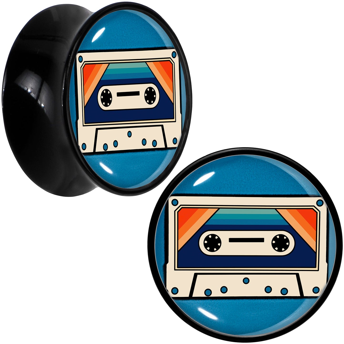 Black Acrylic Retro Cassette Double Flare Plug Set by Onyx O - 18mm (0.709") - PLUG Double Flare