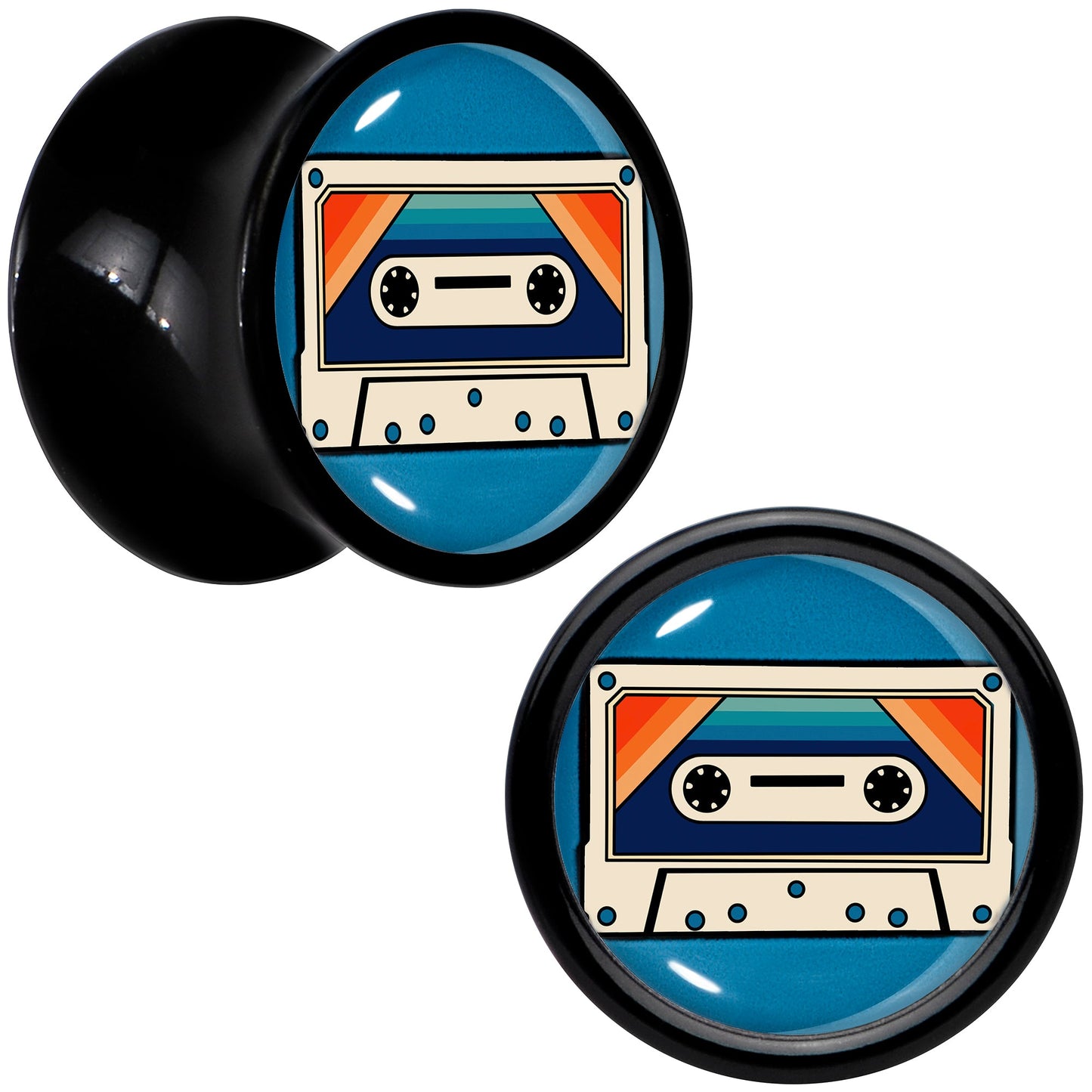 Black Acrylic Retro Cassette Double Flare Plug Set by Onyx O - 8mm (0 Gauge) - PLUG Double Flare