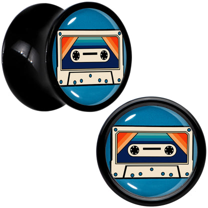 Black Acrylic Retro Cassette Double Flare Plug Set by Onyx O - 8mm (0 Gauge) - PLUG Double Flare