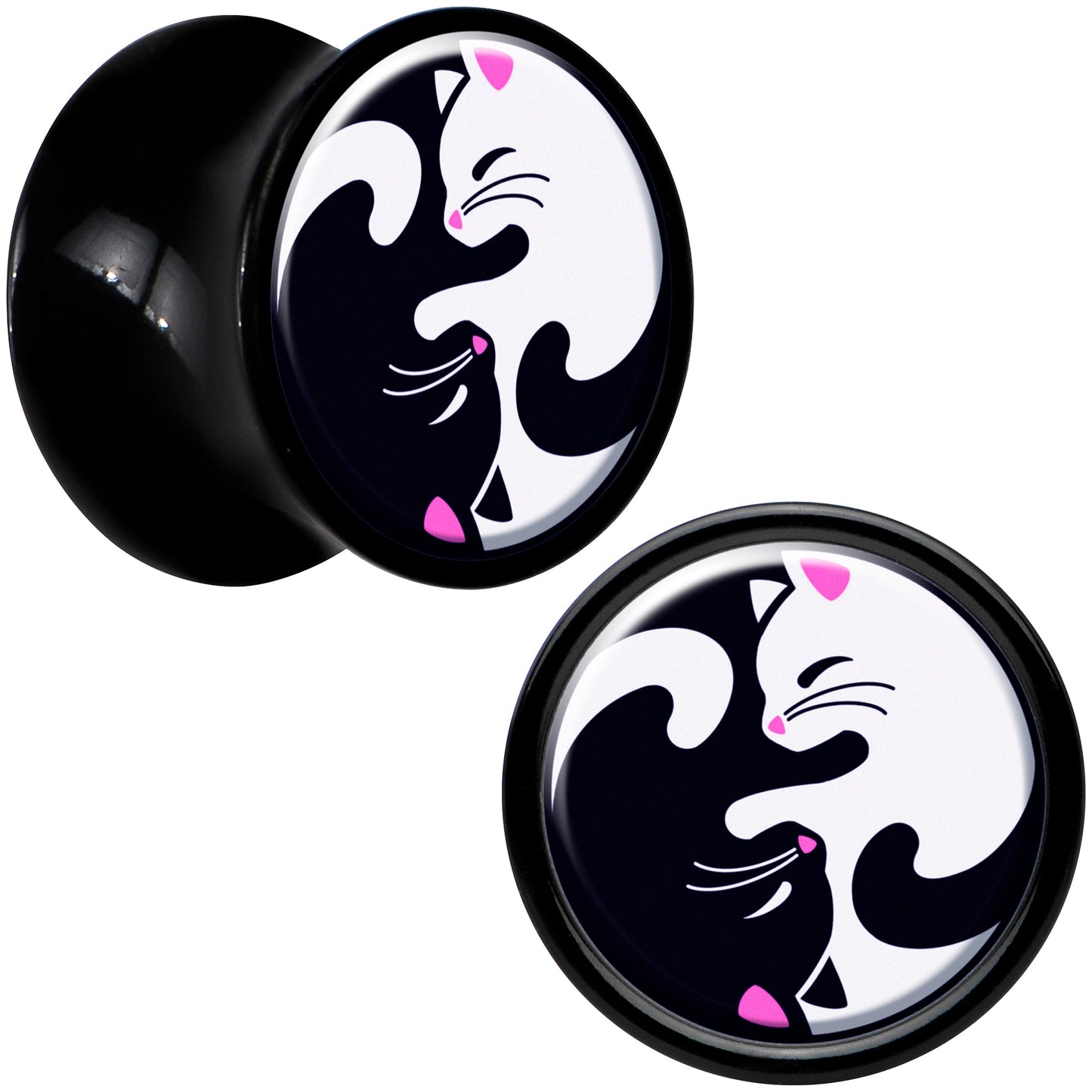 Black Acrylic Cute Kitty Cat Yin Yang Double Flare Plug Set by Onyx O - 10mm (00 Gauge) - PLUG Double Flare