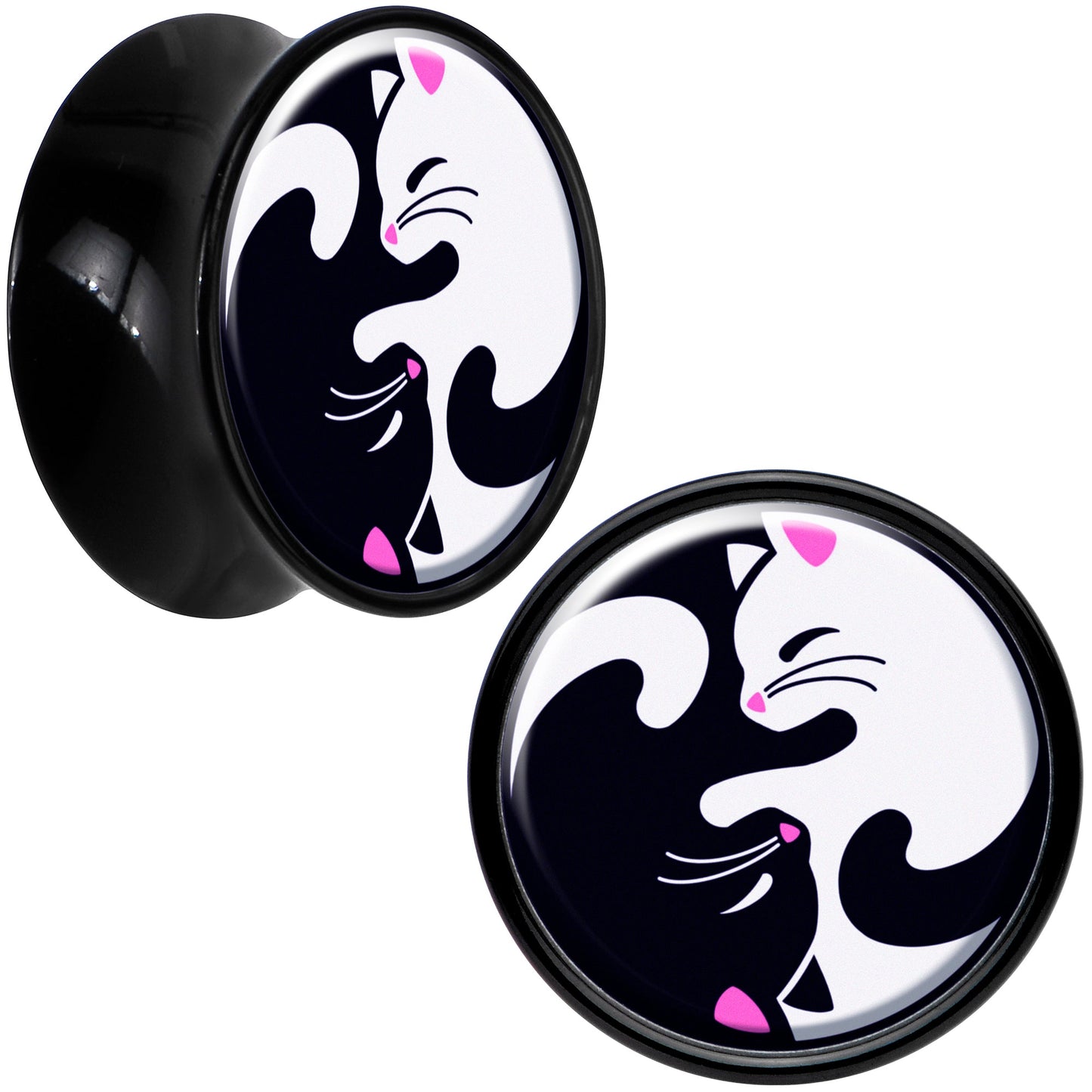 Black Acrylic Cute Kitty Cat Yin Yang Double Flare Plug Set by Onyx O - 14mm (9 16") - PLUG Double Flare