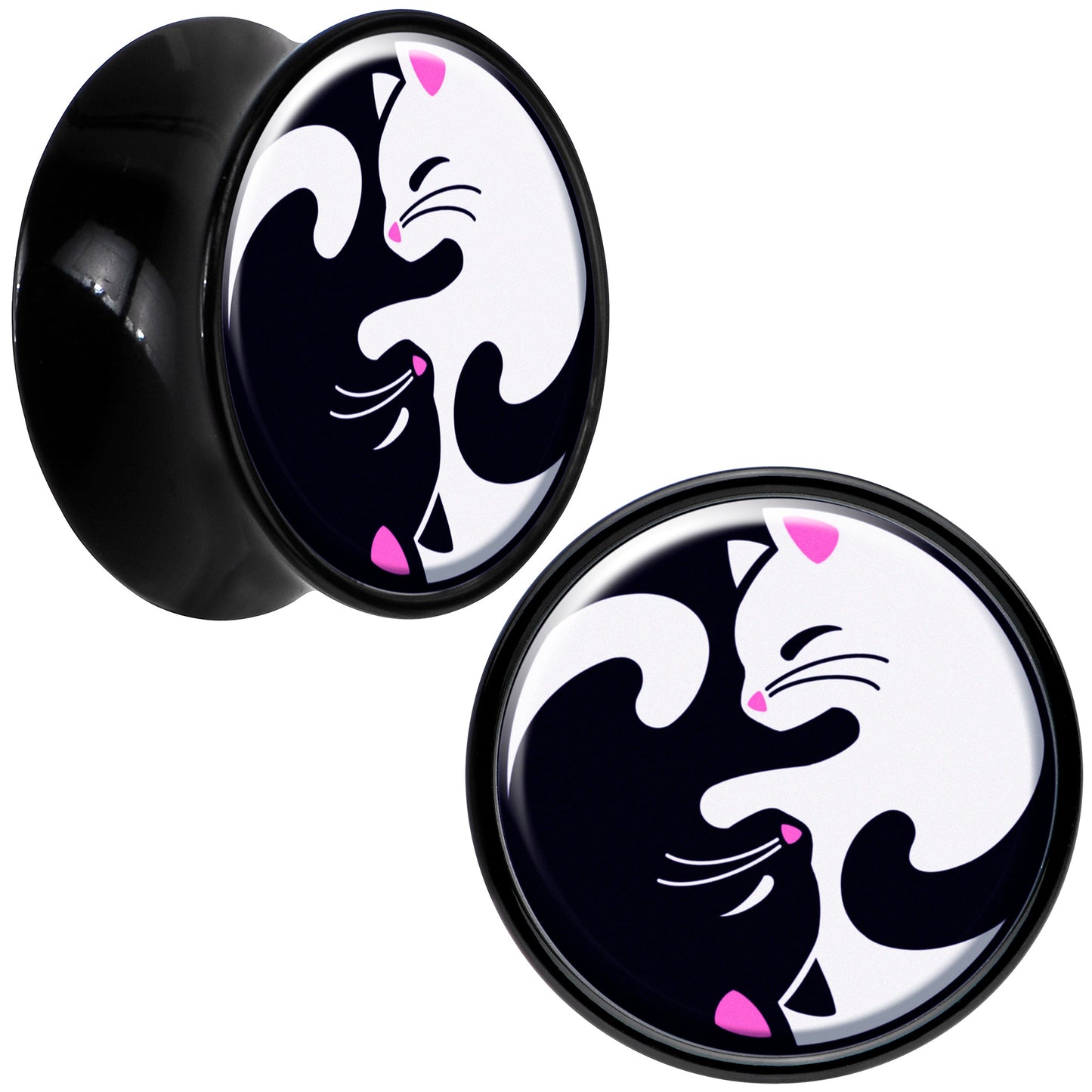 Black Acrylic Cute Kitty Cat Yin Yang Double Flare Plug Set by Onyx O - 16mm (5 8") - PLUG Double Flare