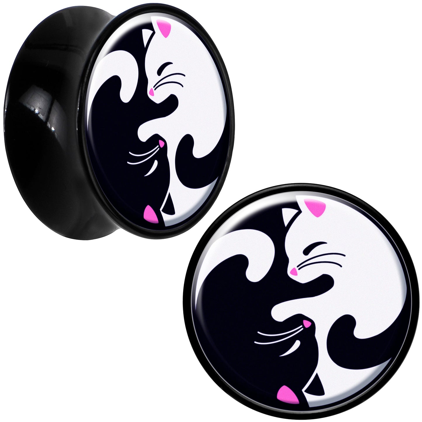 Black Acrylic Cute Kitty Cat Yin Yang Double Flare Plug Set by Onyx O - 20mm (13 16") - PLUG Double Flare