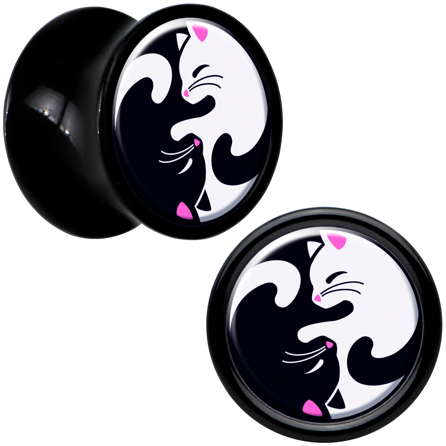 Black Acrylic Cute Kitty Cat Yin Yang Double Flare Plug Set by Onyx O - 8mm (0 Gauge) - PLUG Double Flare