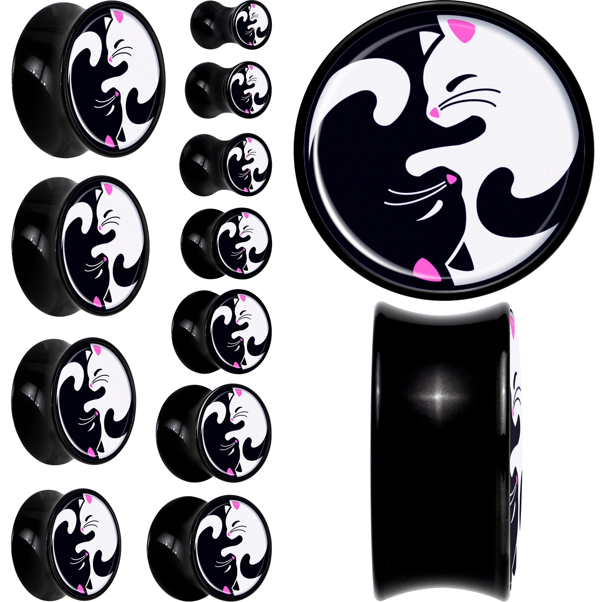Black Acrylic Cute Kitty Cat Yin Yang Double Flare Plug Set by Onyx O - - PLUG Double Flare
