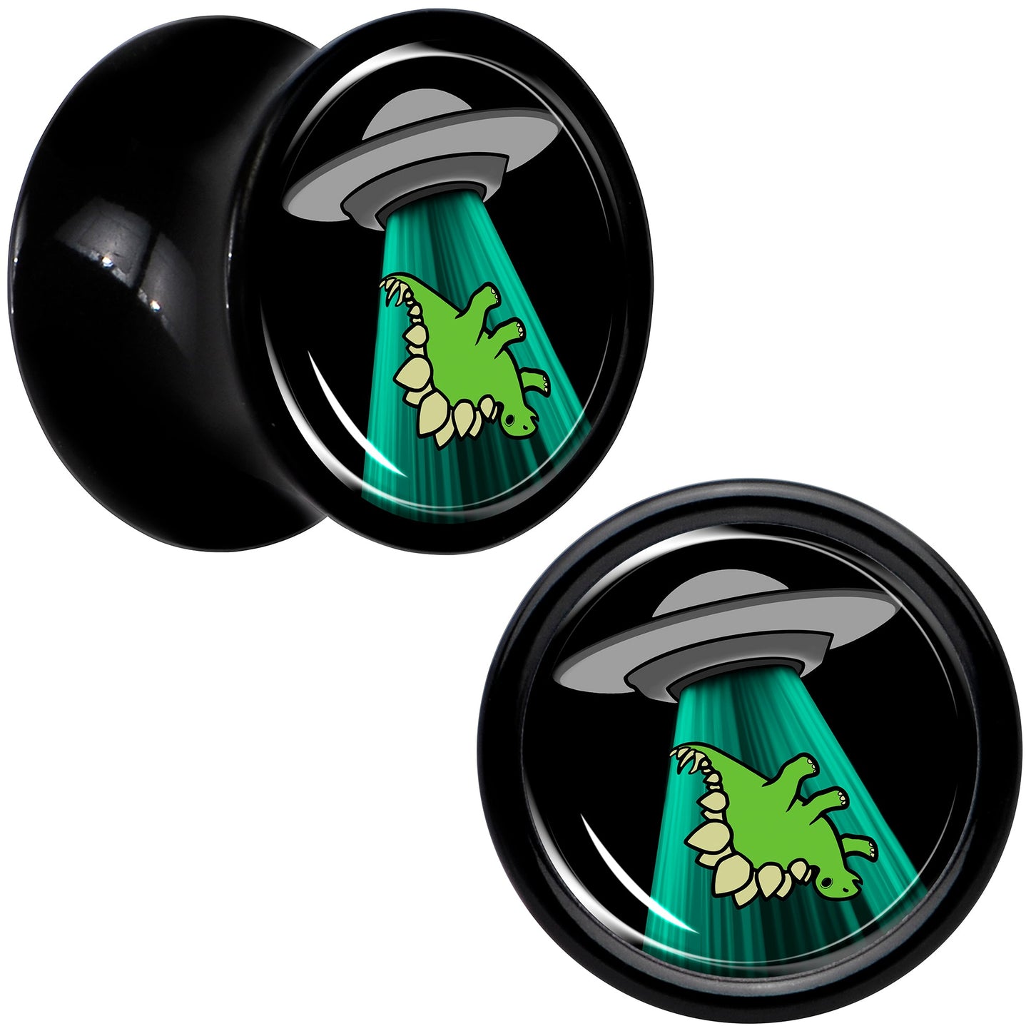 Black Acrylic Alien UFO Dinosaur Abduction Double Flare Plug Set by Onyx O - 8mm (0 Gauge) - PLUG Double Flare