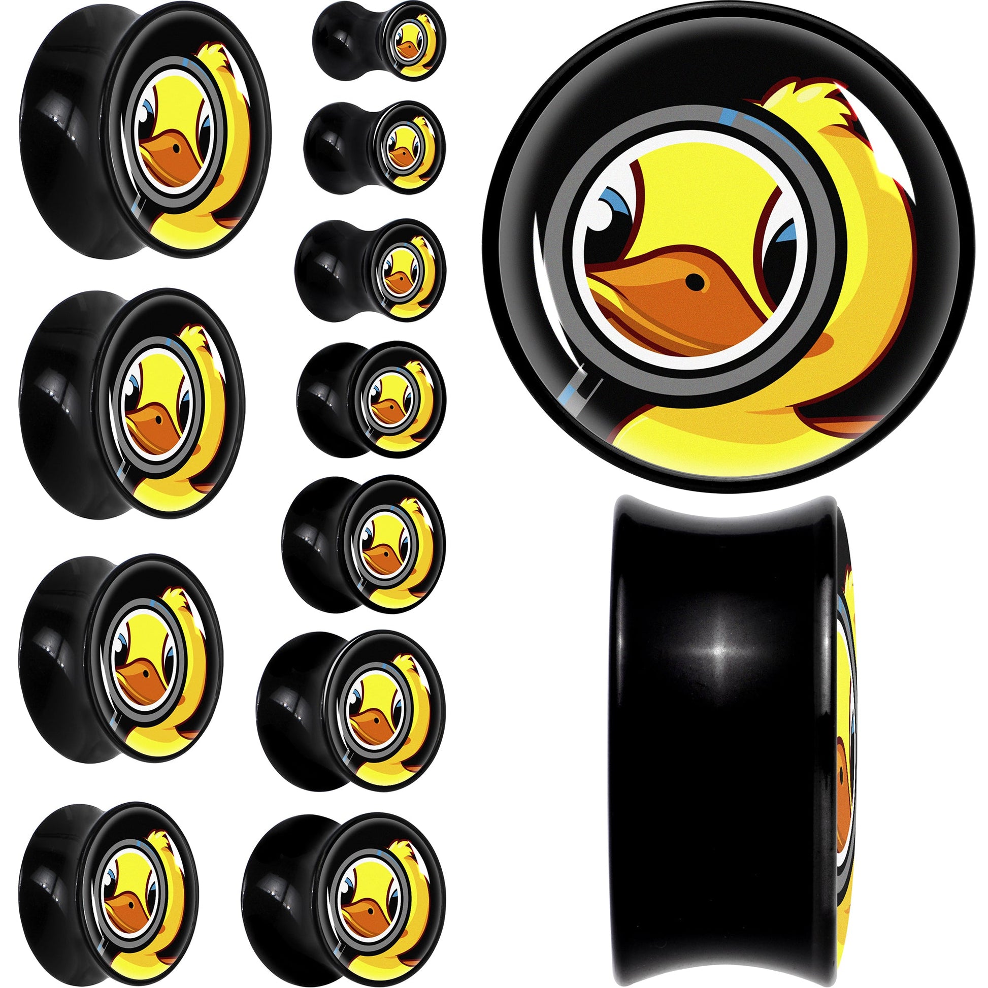 Magnified Yellow Duck Black Acrylic Saddle Plug Set 8mm to 20mm by Onyx O - - PLUG Saddle
