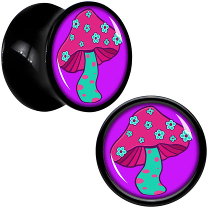 Black Acrylic Funky Floral Mushroom Double Flare Plug Set by Onyx O - 10mm (00 Gauge) - PLUG Double Flare