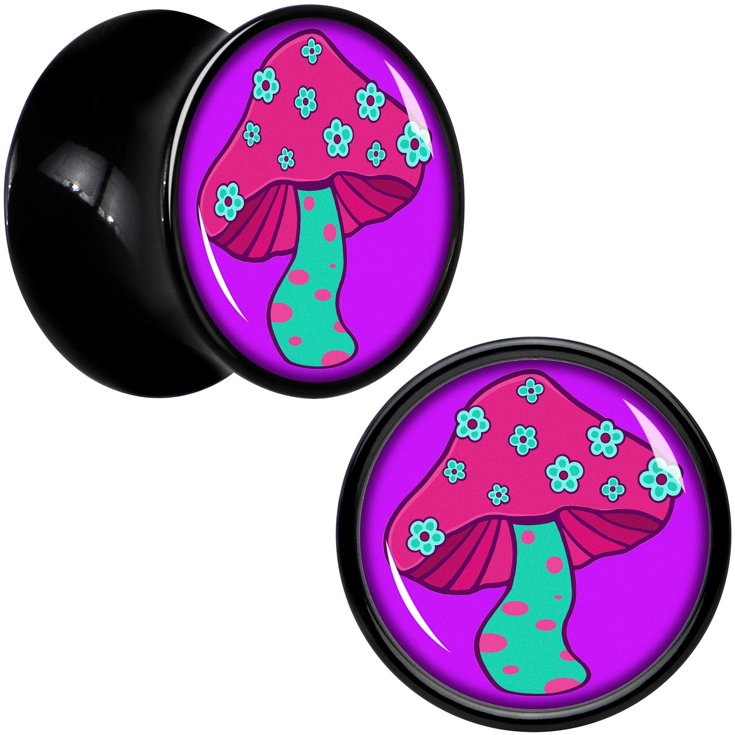 Black Acrylic Funky Floral Mushroom Double Flare Plug Set by Onyx O - 12mm (1 2") - PLUG Double Flare