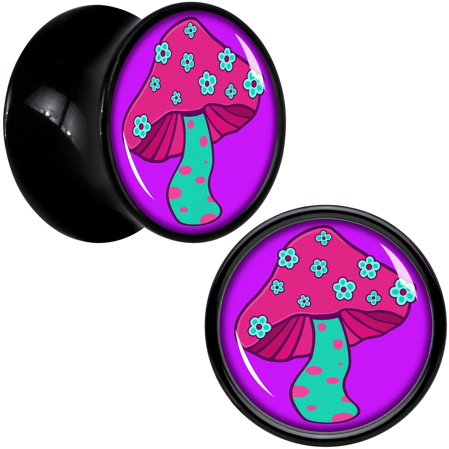 Black Acrylic Funky Floral Mushroom Double Flare Plug Set by Onyx O - 13mm (34 64") - PLUG Double Flare