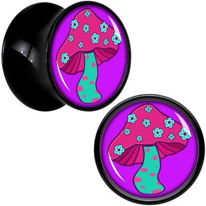 Black Acrylic Funky Floral Mushroom Double Flare Plug Set by Onyx O - 13mm (34 64") - PLUG Double Flare