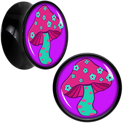 Black Acrylic Funky Floral Mushroom Double Flare Plug Set by Onyx O - 14mm (9 16") - PLUG Double Flare