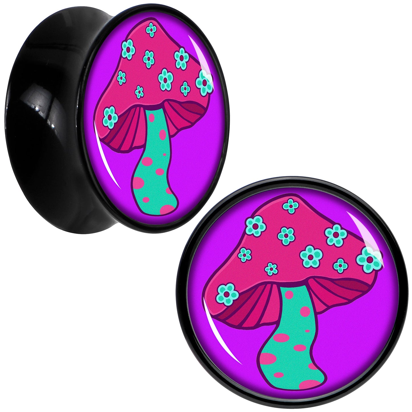 Black Acrylic Funky Floral Mushroom Double Flare Plug Set by Onyx O - 16mm (5 8") - PLUG Double Flare