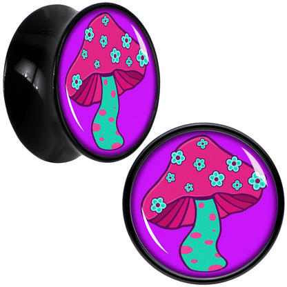 Black Acrylic Funky Floral Mushroom Double Flare Plug Set by Onyx O - 16mm (5 8") - PLUG Double Flare