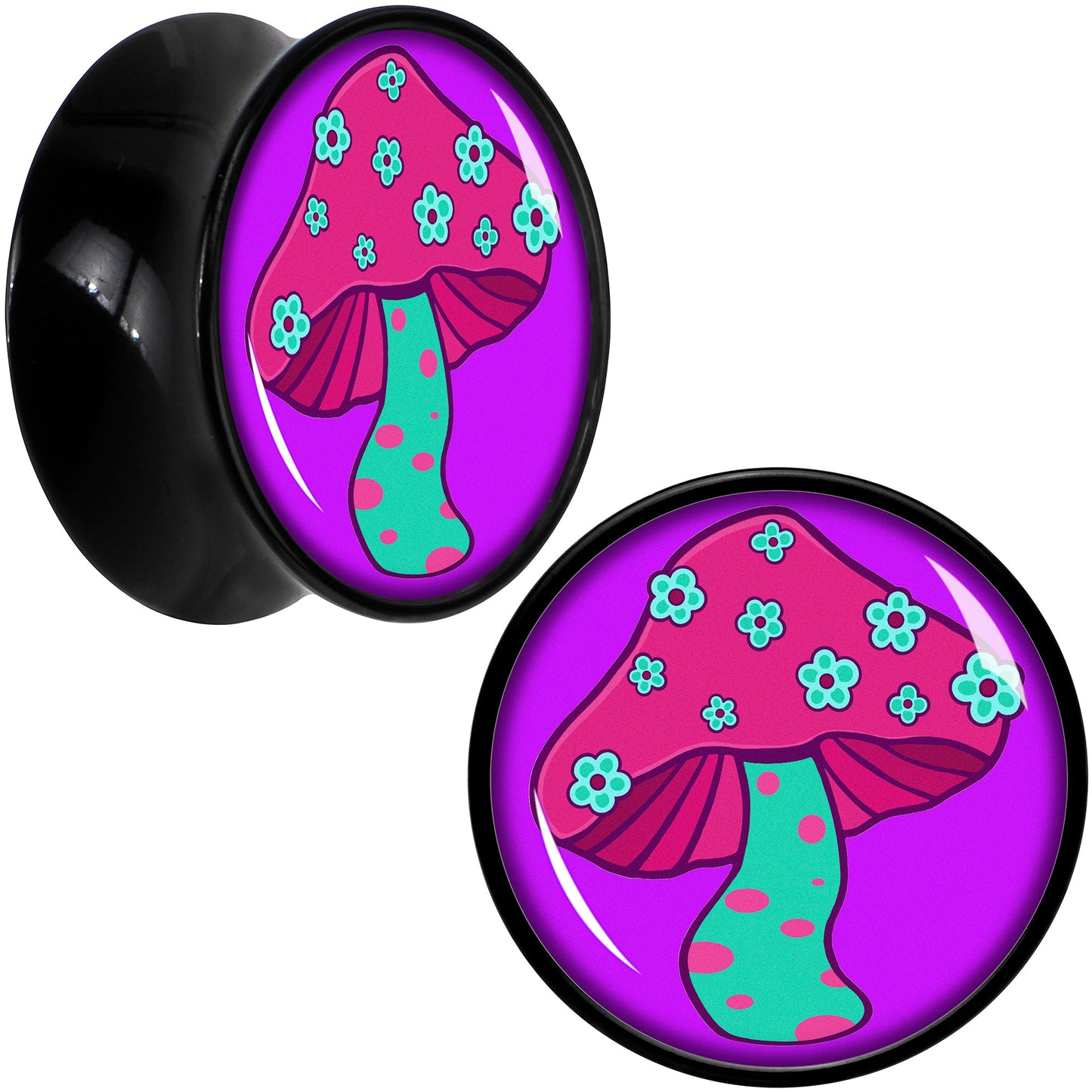 Black Acrylic Funky Floral Mushroom Double Flare Plug Set by Onyx O - 18mm (0.709") - PLUG Double Flare
