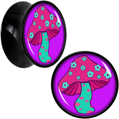 Black Acrylic Funky Floral Mushroom Double Flare Plug Set by Onyx O - 18mm (0.709") - PLUG Double Flare