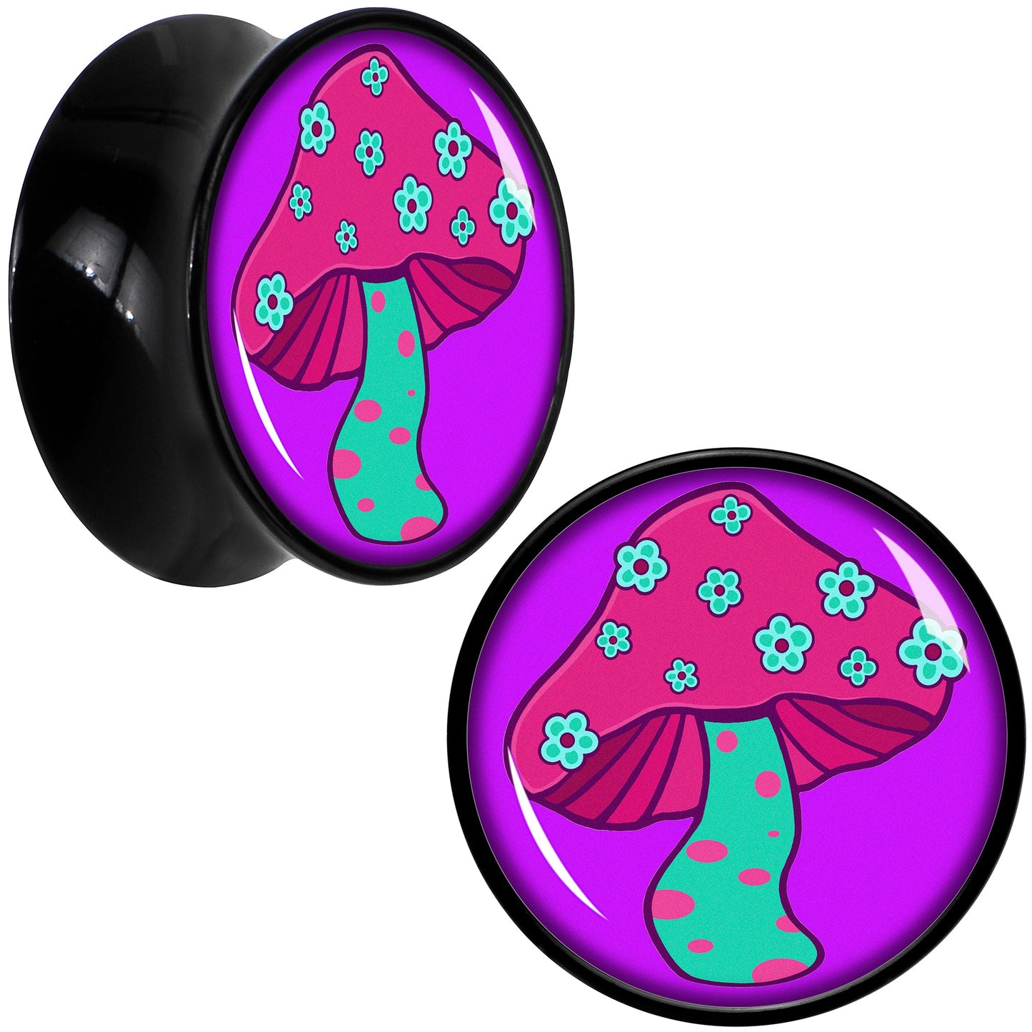 Black Acrylic Funky Floral Mushroom Double Flare Plug Set by Onyx O - 20mm (13 16") - PLUG Double Flare