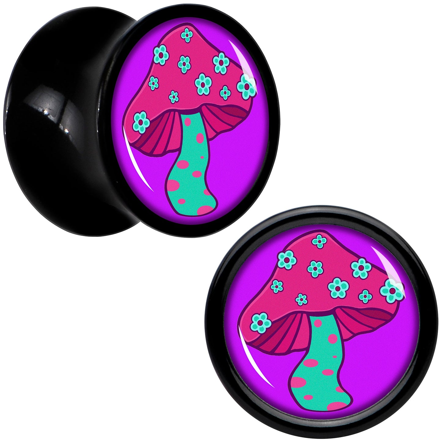 Black Acrylic Funky Floral Mushroom Double Flare Plug Set by Onyx O - 8mm (0 Gauge) - PLUG Double Flare