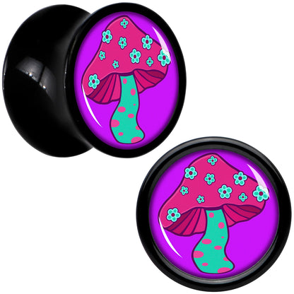 Black Acrylic Funky Floral Mushroom Double Flare Plug Set by Onyx O - 8mm (0 Gauge) - PLUG Double Flare