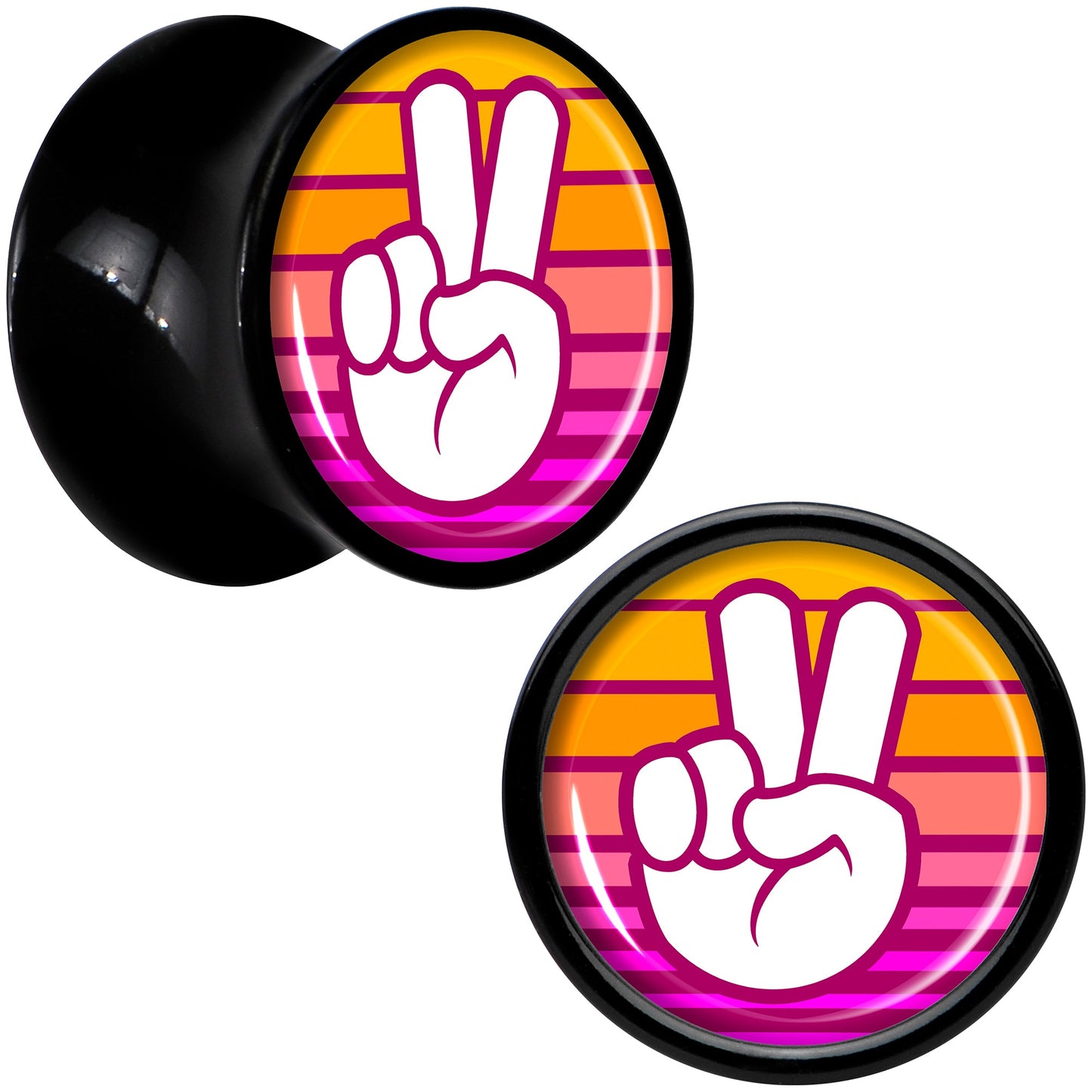 Black Acrylic Retro Peace Fingers Double Flare Plug Set by Onyx O - 10mm (00 Gauge) - PLUG Double Flare