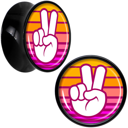 Black Acrylic Retro Peace Fingers Double Flare Plug Set by Onyx O - 14mm (9 16") - PLUG Double Flare