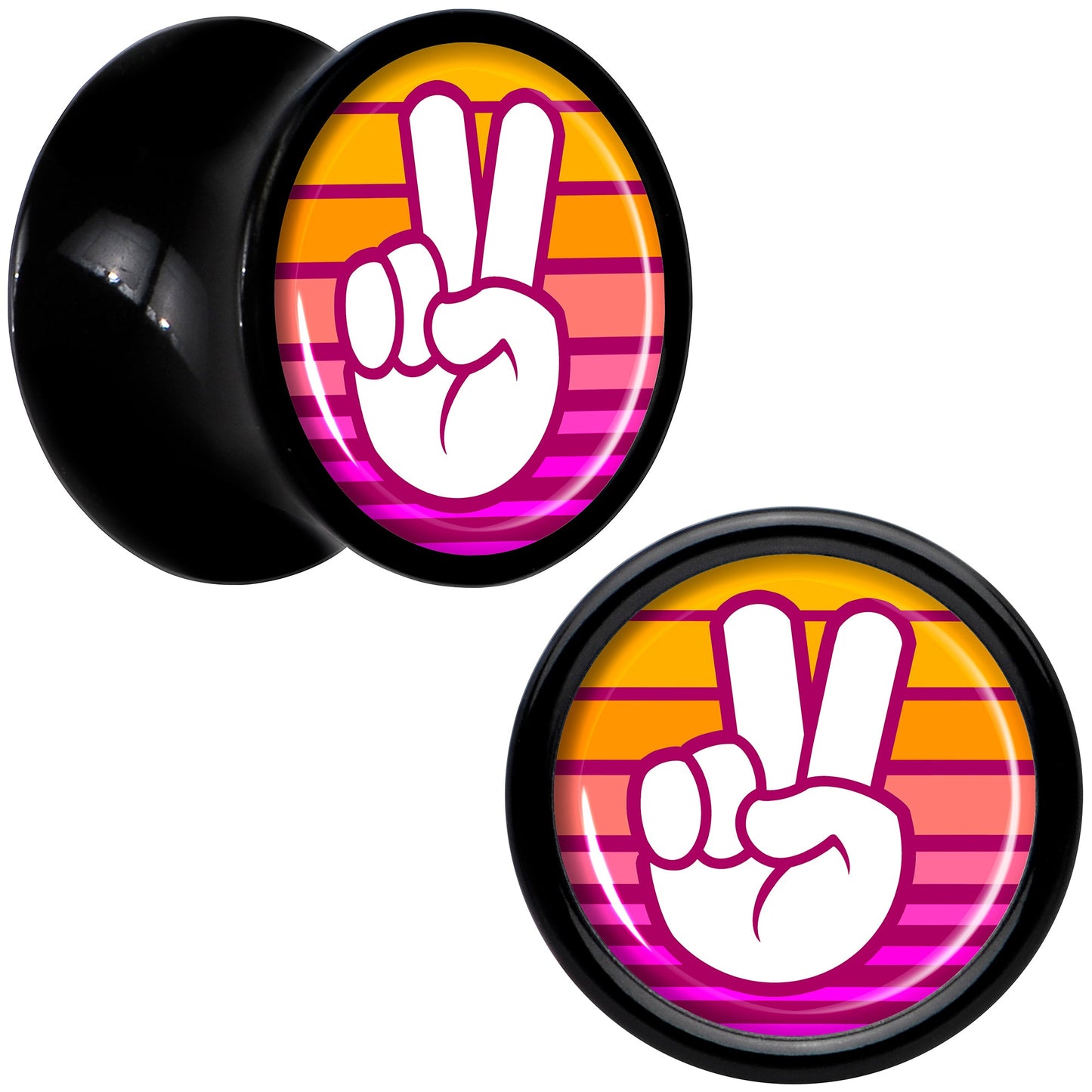 Black Acrylic Retro Peace Fingers Double Flare Plug Set by Onyx O - 8mm (0 Gauge) - PLUG Double Flare