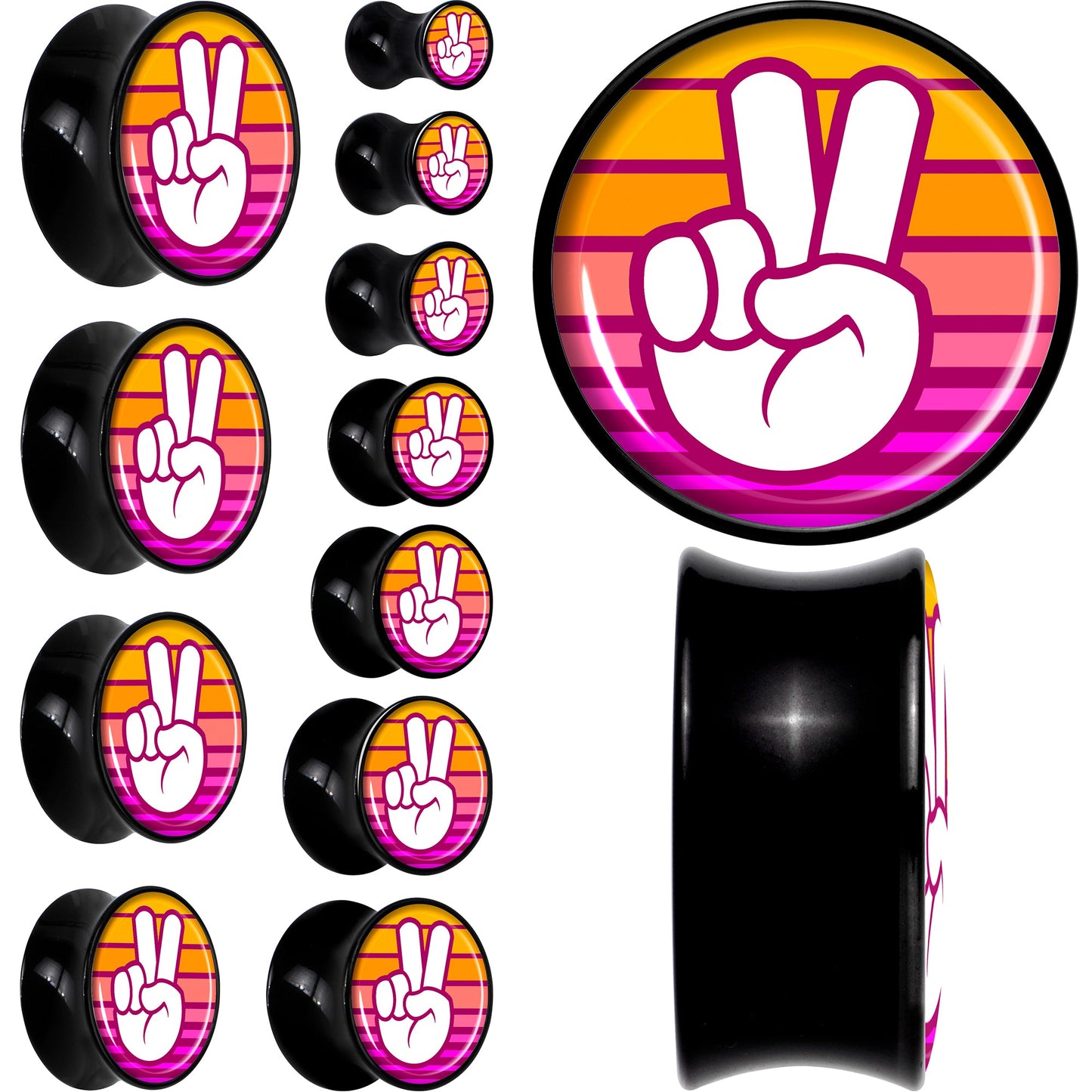 Black Acrylic Retro Peace Fingers Double Flare Plug Set by Onyx O - - PLUG Double Flare
