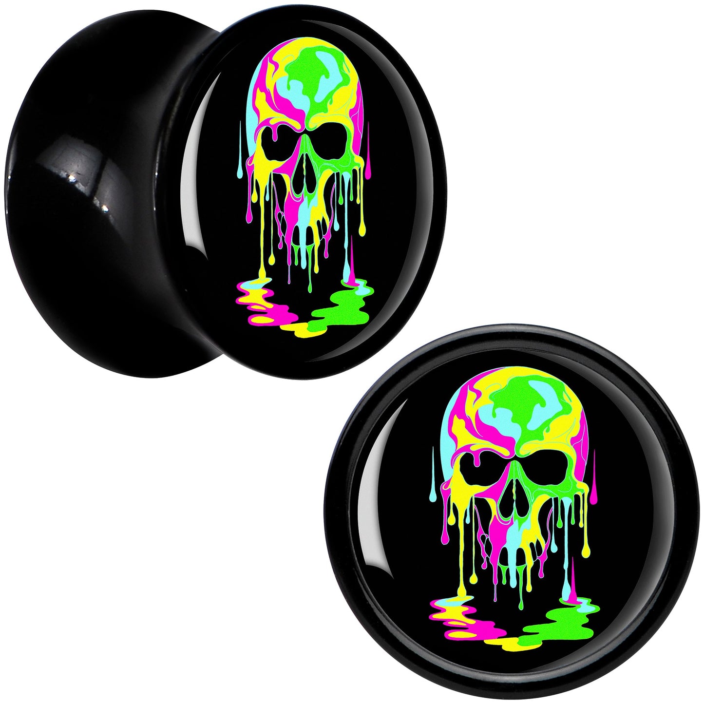 Ultra Bright Melting Skull Black Acrylic Saddle Plug Set by Onyx O - 10mm (00 Gauge) - PLUG Saddle